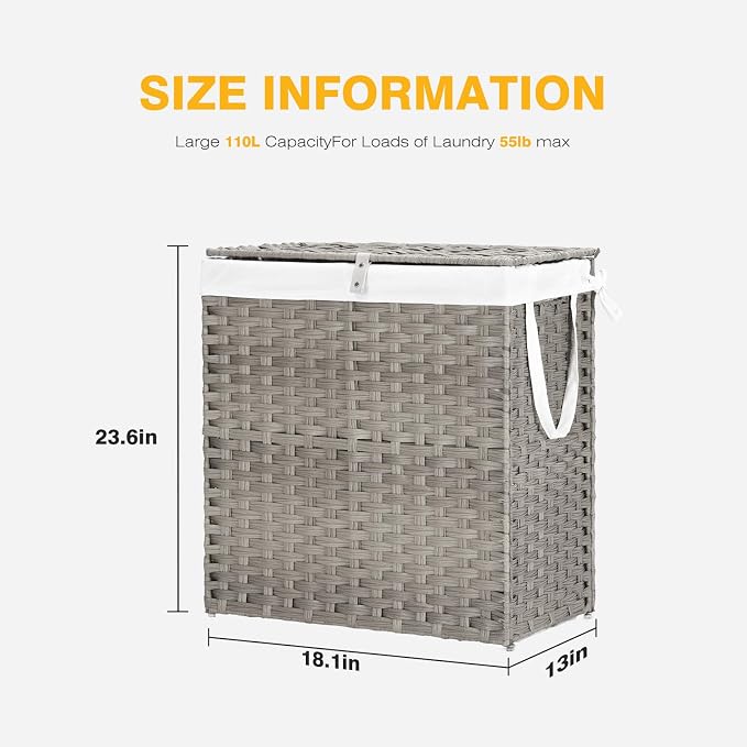 NEWBULIG 110L Extra Large Divided Laundry Hamper with Lid, 2 Section Collapsible Dirty Clothes Basket, Dual Removable Liner Bags for Bedroom, Bathroom, Closet and Dorm Room Organization Grey