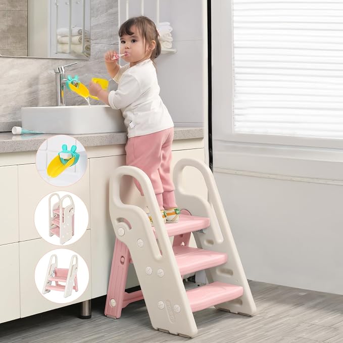 Foldable Toddler Step Stool for Bathroom Sink, Adjustable 3 Step Stool for Kids Toilet Potty Training Stool with Handles, Child Kitchen Counter Stool Helper, Plastic Ladder for Toddlers Pink