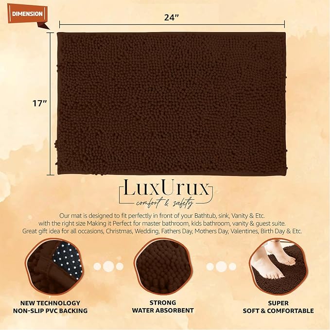 LuxUrux Bath Mat, Extra-Soft Plush Non-Slip Bathroom Rug, Luxury Chenille Microfiber Material, Super Absorbent Shaggy Bath Rug. Machine Wash & Dry (17 x 24 inches, Brown)