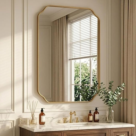 36"x24" Gold Wall Bathroom Mirror, Scalloped Edge Vanity Mirror | Hangs Vertically/Horizontally, Wooden Frame Decorative Mirror, For Vanity, Bedroom & Entryway, Aesthetic Bathroom Decor
