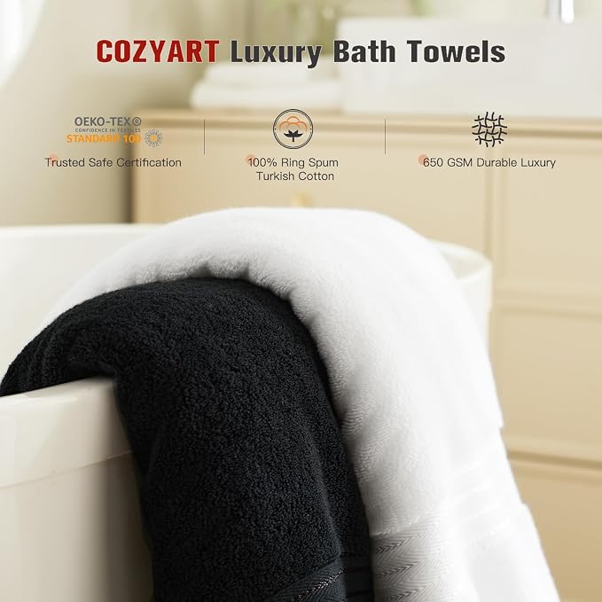COZYART Luxury Bath Towels 4 PCS, 27x54 650 GSM Turkish Cotton, Black+White | Zero Twist 100% Ring Spun Cotton, Fluffy, Ultra Soft, Super Absorbent, Quick Dry, Large Towels for Hotel Spa Bathroom Shower