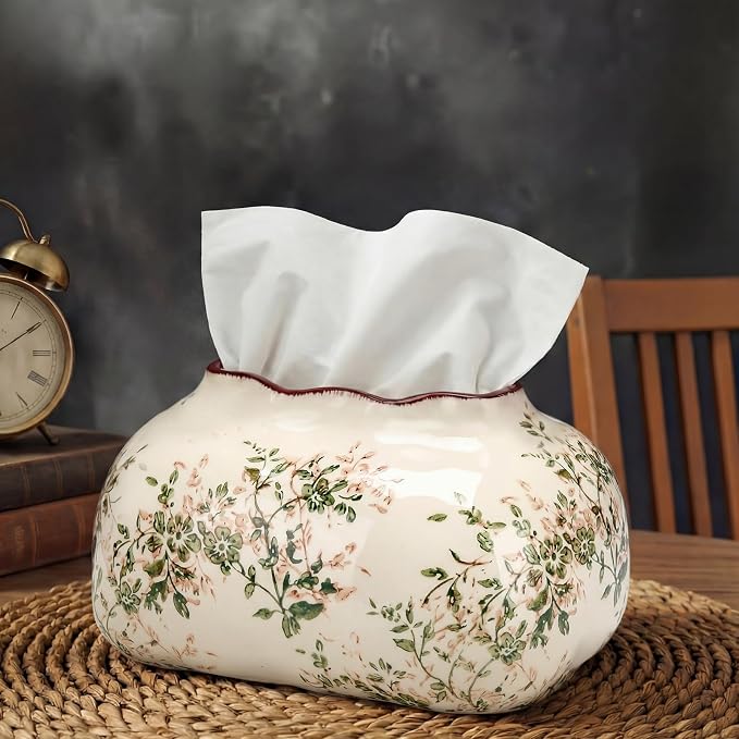 Yalikop Vintage Ceramic Tissue Holder Tissue Box Cover,Blossoms | Floral Retro Rustic Farmhouse Home Decor for Bathroom Vanity Table Living Room Bedroom Kitchen Office