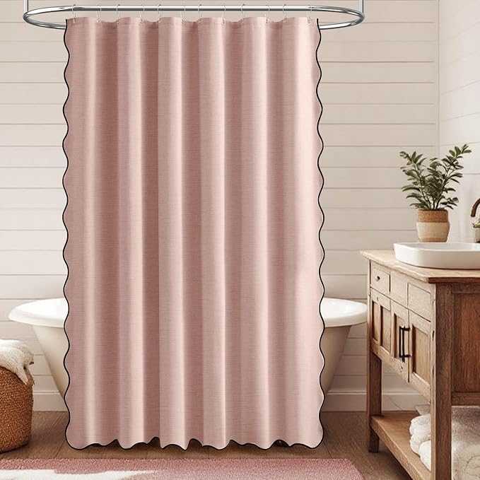 72x78 Boho Scalloped Linen Textured Cloth Shower Curtain, Blush Pink | Long Size, 230GSM Waterproof Polyester, Heavy Duty Fabric, 12 Plastic Hooks, Elegant Modern Farmhouse Style, Machine Washable