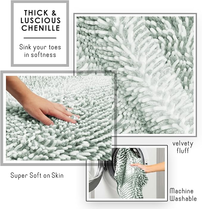 Hearth & Harbor Bathroom Rugs, Chenille Bath Mat - Machine Washable Bath Mats for Bathroom Non-Slip Backing Rubber, Quick Dry Bathroom Mat, 17 x 24 + 20 x 32 - Ombre Green