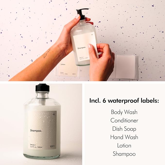 KIVY Glass Soap Dispenser Set [INCL. Waterproof Labels] - Brown Glass Soap Dispenser with Pump - Hand Soap and Dish Soap Set - for Kitchen, Shower & Bathroom (2X 16oz)