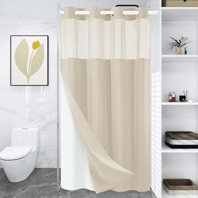 WONICY No Hook Stall Shower Curtain with Snap-in Liner, Cream, 54 x 80 | Ringless, Waterproof & Washable, Hotel Style, Mesh Top Window, Bottom Magnets, Thick, Farmhouse, for Bathroom
