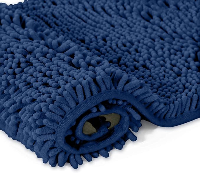 LuxUrux Plush Chenille Runner Rug – Ultra-Soft, Absorbent & Non-Slip Bath Mat for Bathroom, Hallway & More, Machine Washable (27 x 47 inches, Blue)