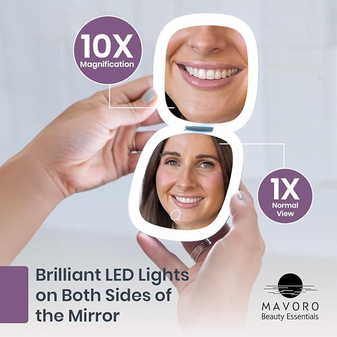 LED Lighted Travel Makeup Mirror 1x/10x, USB-C Rechargeable (Violet Mist)