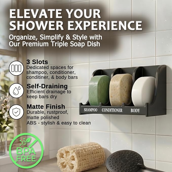 Soap Holder for Shower Wall, 3-Compartment Soap Dish for Shampoo, Conditioner and Body Soap, Fast Draining & Rust-Proof & Heavy Duty, Ultra-Strong Adhesive for Long-Term Bathroom Use & Freestanding