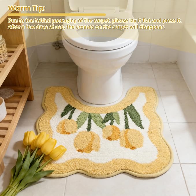 Tulip Flower U-Shaped Toilet Mat, Romantic Floral Non-Slip Bath Rug with Wave Edge Design, Soft Absorbent Microfiber Floor Mat for Toilet Base, Machine Washable Bathroom Decor (U-shaped Yellow) | Romantic Floral, Non-Slip Bath Rug, Wave Edge Design, So...