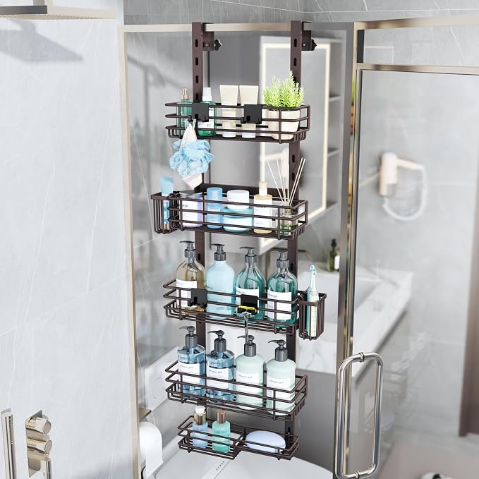 Consumest Over The Door Shower Caddy - 5 Tier Adjustable Shower Organizer Hanging with 2 Toothbrush Holders & 4 Hooks, Rustproof Organizer Shelf, Storage Rack for Bathroom, Bronze