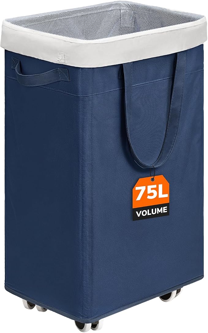CHICVITA 75L Laundry Basket with Wheels for Dirty Clothes, Blue | College dorm essentials, smooth rolling wheels. Clothes hamper for living room, bedroom, laundry room