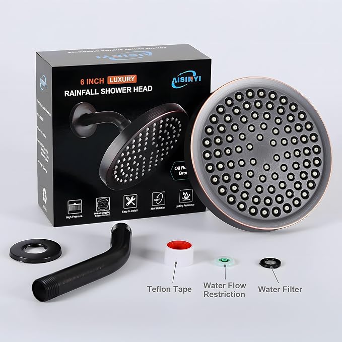 6" Rain Shower Head & 6" Shower Arm, Luxe Oil Rubbed Bronze Finish | High Pressure 6 Inch Fixed Showerhead, Adjustable Replacement, 90 Nozzles, Removable Restrictor, Tool-Free Easy to Install