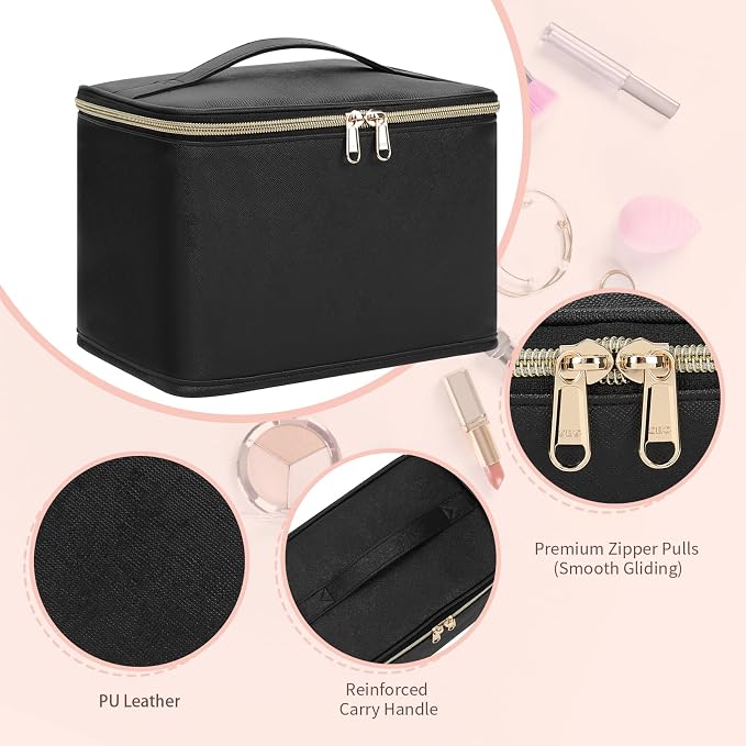 Travel Makeup Bag, Cosmetic Bags for Women Makeup Case Organizer Large Capacity Travel Toiletry Bag Storage Bags with Divider and Handle for Cosmetics Toiletries Brushes Tools-Large, Black