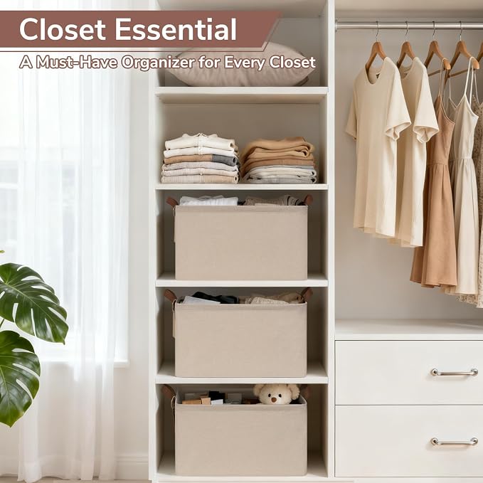 CHICVITA 4 Pack Large Shelf Storage Baskets with Metal Frame, Brown | 16.8 × 11 × 9.8 in, Reinforced Handles, Collapsible Design, Closet Organization, Towels, Blankets & Linens Storage