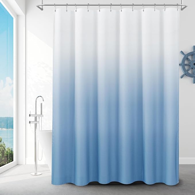 Extra Long Shower Curtain Blue Grey 84 Inch Blue and White Ombre Shower Curtains, Modern Water Repellent Bathroom Bath Decor Set with Hooks for Bathtub Luxury Hotel Spa, Light Blue 72x84