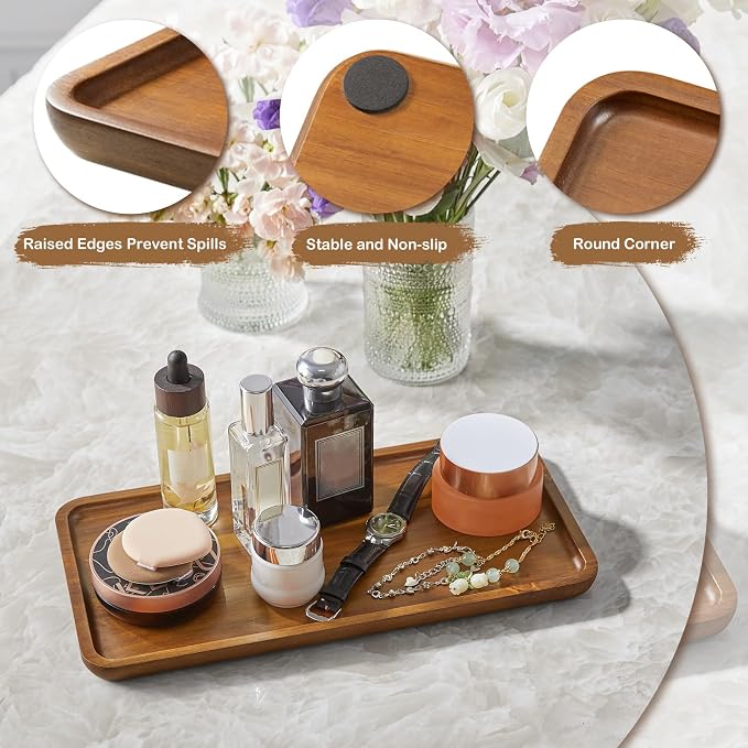 Acacia Wood Bathroom Vanity Tray, 12 Inch Wooden Decorative Tray for Toilet Tank, Coffee Table, Kitchen Counter, Makeup, Perfume, Coffee Bar, Snacks, Candles and Home Decor