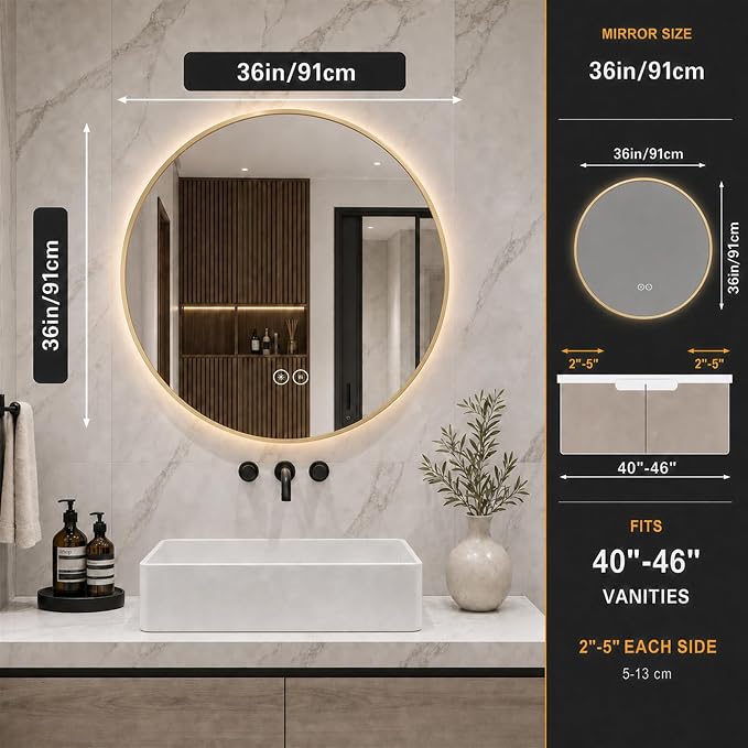 LAIYA 36 Inch Gold Round LED Bathroom Mirror, Anti Fog, Dimmable, 3 Colors | backlit lighted vanity wall mounted makeup mirror defogger touch switch brass frame IP65 CRI95 copper free silver glass hotel
