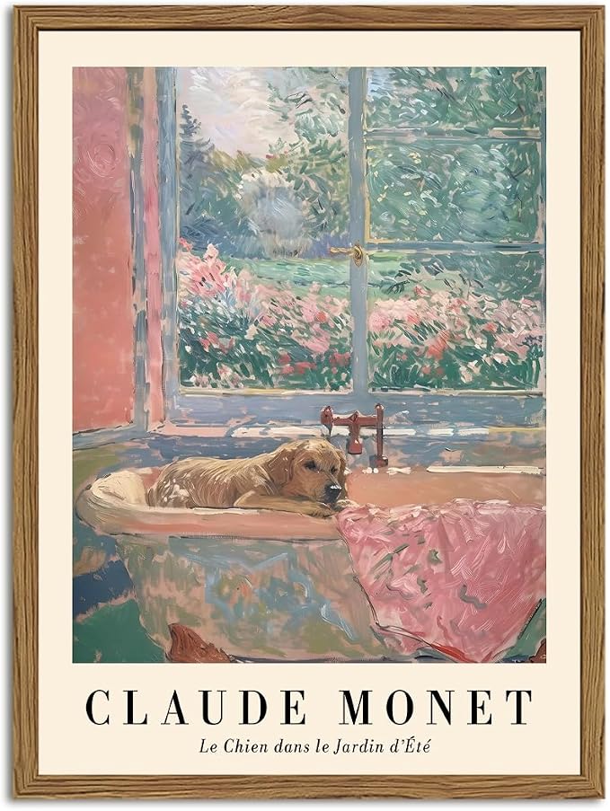 Cute Golden Retriever Bathroom Wall Art Vintage Claude Monet Dog in Bathtub Wall Decor Painting Funny Animal Bathroom Canvas Prints Picture 12x16 inch Wood Framed