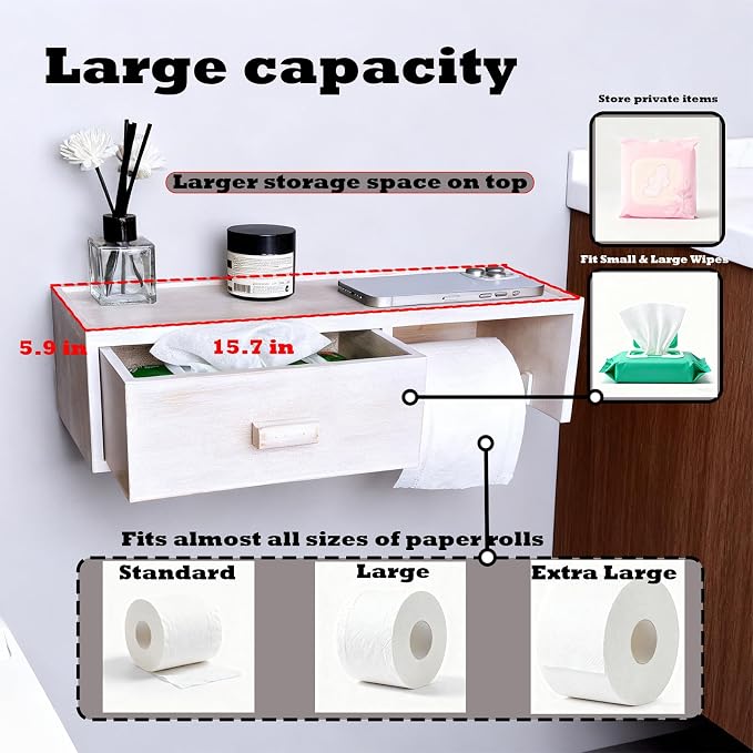 Bamboo Toilet Paper Holder with Shelf, Vintage White Wall Mount Bathroom Holder with Wet Wipes Storage Drawer