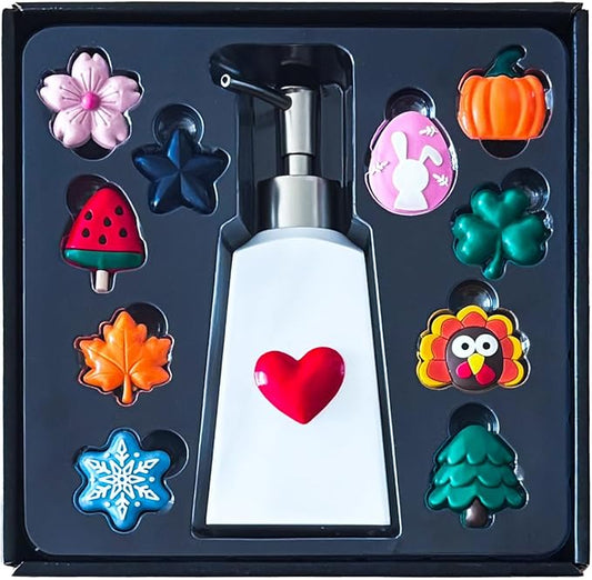 Seasonal Soap Dispenser with 11 Interchangeable Magnets - Seasonal Decor - Farmhouse Bathroom Kitchen Decor (Resin,Built in Magnet) - 8.82oz (Silver)