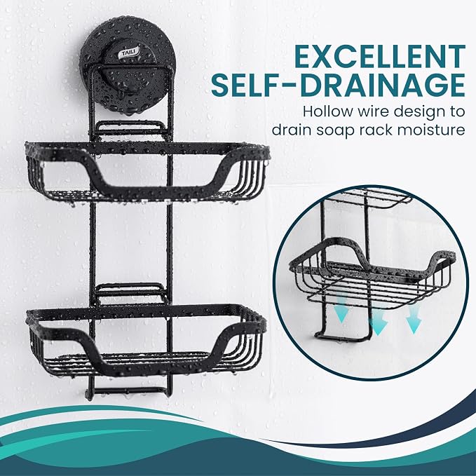 TAILI Soap Holder, Soap Dish Suction Cup with Hooks, Stainless Steel (Light Black) | Soap Dish for Shower, Bathroom Bar soap holder Shower Wall, Stainless Steel Sponge Holder for Tub Kitchen, Black