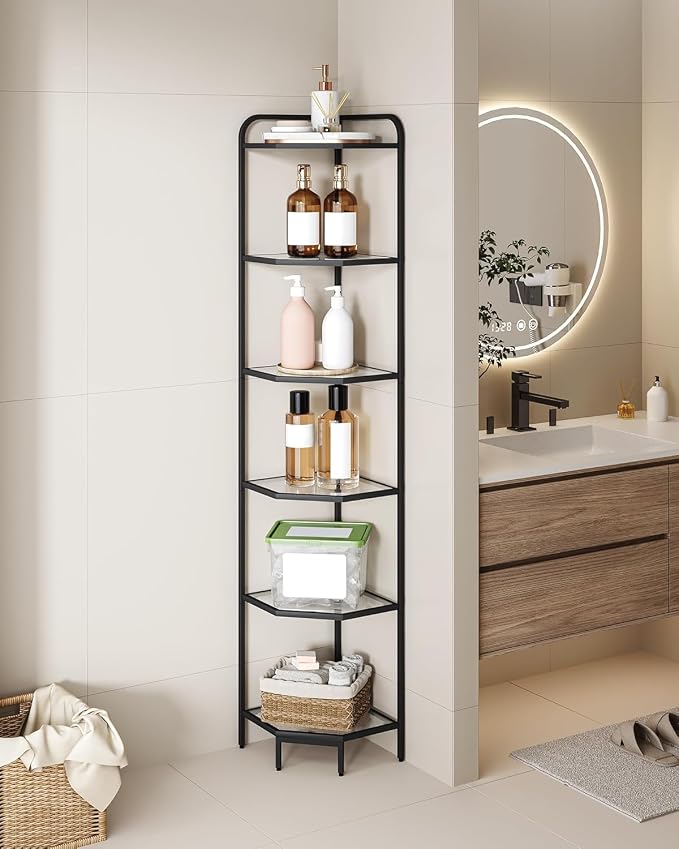 Hzuaneri Corner Shelf Stand, 6-Tier Glass Bookshelf Bookcase, Plant Stand | Bathroom Organizer Steel Frame, Tempered Glass, Modern Style for Living Room, Bathroom, Kitchen, Black CS90600B