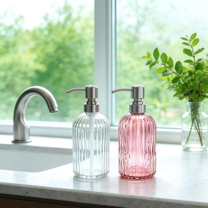 16 OZ Pink Glass Soap Dispenser Glass Soap Dispenser,Clear Pink Stripe Bathroom Hand Soap Dispensers with Stainless Steel Pump, Pink Kitchen Hand Soap Dispenser with Brushed Nickel Pump