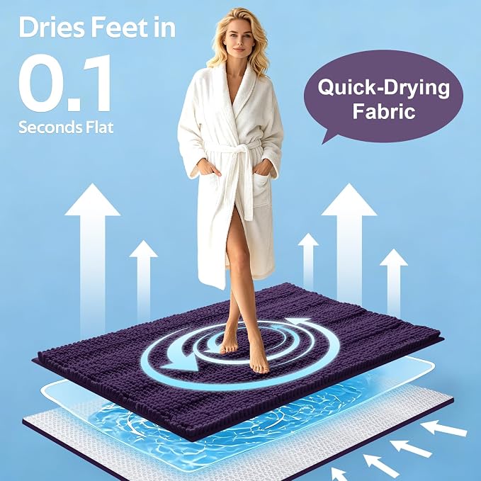 Striped Eggplant Purple Bathroom Rug Set 3 Pieces Ultra Soft, Non Slip Chenille Bath Carpet, Absorbent Plush Shaggy Bath Mats for Bathroom, Toilet, Bedroom, Kitchen