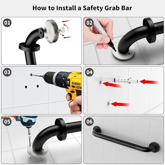 Black Grab Bar 24 Inch, Grab Bar for Bathtub and Shower | Anti-Slip Knurled Grip, Stainless Steel, Bathroom Assist Handle Handrail, Handicap Support Bars for Toilet, 1.25" Diameter