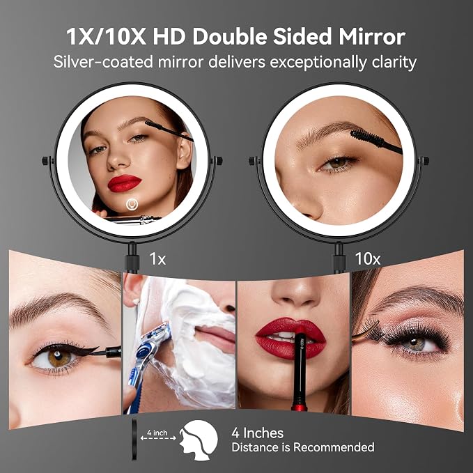 Nicesail LED Lighted Makeup Mirror Tabletop, Black 8 Inch 10X Height Adjust | 10X Magnifying Mirror with 3 Color Lights, Brightness Height Adjustable, 15''~19'' Double Sided Touch Switch Desk Mirror