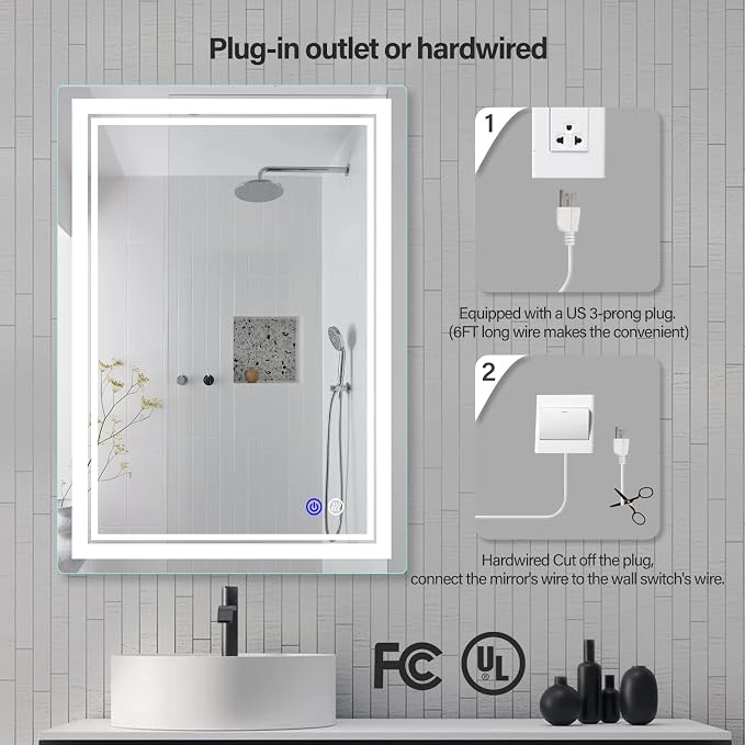LED Bathroom Mirror, Vanity Mirror with Light for Wall 20"×28" | Stepless Dimmable, 3 Colors (3000K-6000K), Anti-Fog, Wall Mounted, 1 Hour Auto Off, Memory Function, Reinforced Packaging