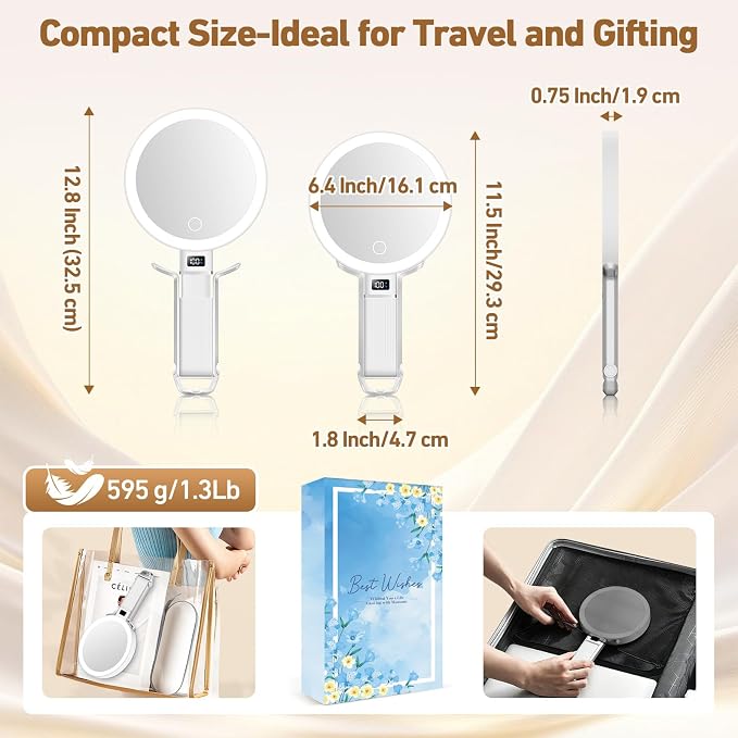 30X Travel Magnifying Mirror with Light, Height Adjustable Vanity Mirror with Phone Holder Stand, Portable Compact Handheld Makeup Mirror with Smart Display for Travel, Daily Makeup Use, White