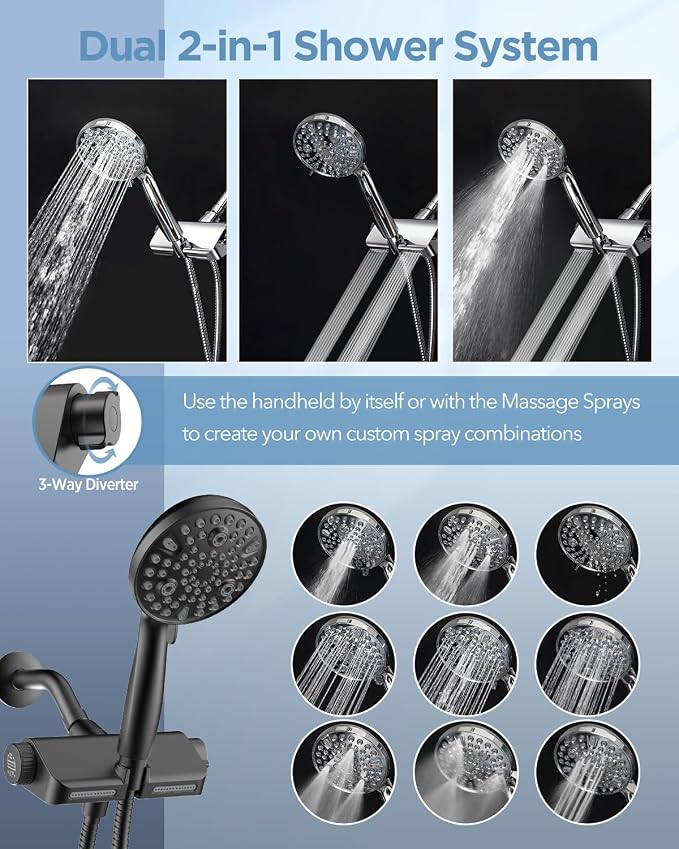 MakeFit Filtered Shower Head with Handheld Combo Matte Black - Dual 2-in-1 Spa System with Massage Shower and 10 Modes Hand Held Shower, High Pressure with Built in Power Wash Mode