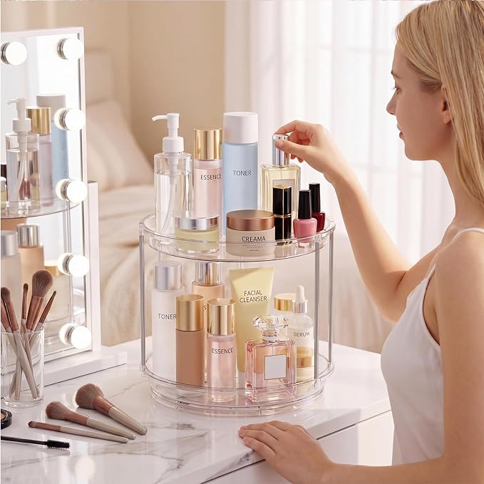 Rotating Makeup Organizer for Vanity, Skincare Holder with 2 Tier Tray | Spinning Bathroom Counter Organizer with Easy Assembly & Non-Slip Base, Stable Vanity Tray for Perfume, Cosmetics, Hair Care