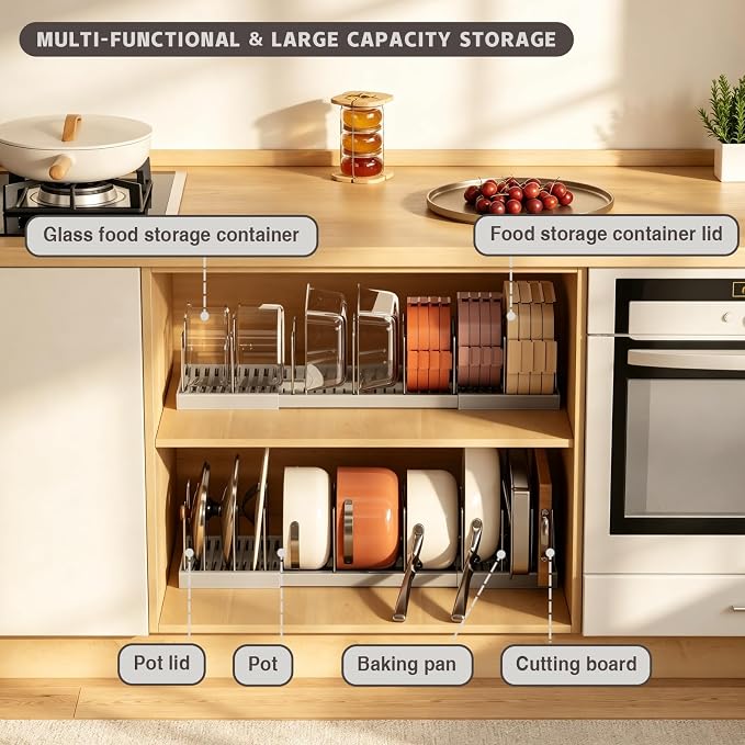 Magheo 2 Pack Pots and Pans Organizer Under Cabinet, Expandable 12.6"-22.8" Kitchen Cabinet Organizer Holder with 10 Adjustable Dividers for Food Storage Container Lid, Cookie Sheet, Cookware(Gray)