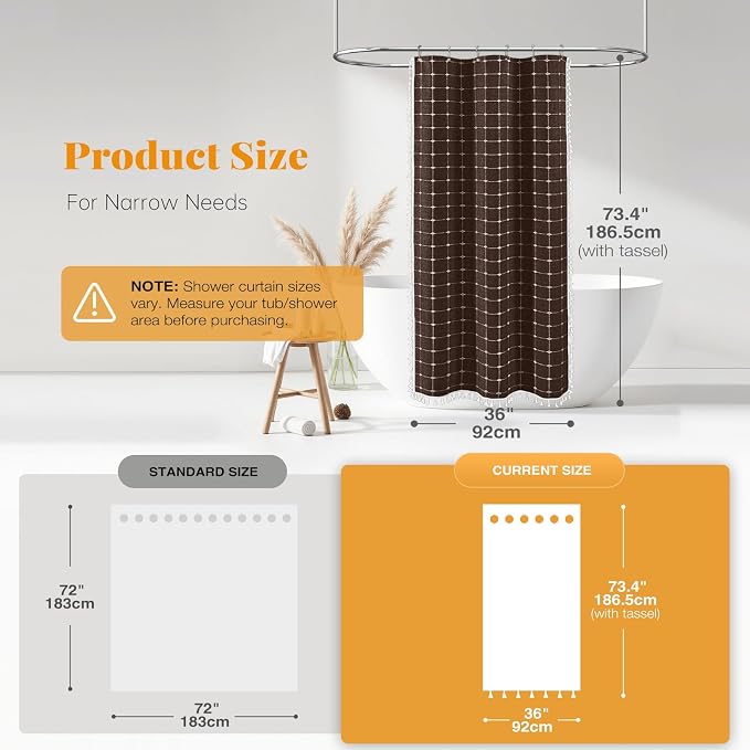 Stall Boho Farmhouse Linen Heavy Duty Shower Curtain Set, 36x72, Brown | Half Size, 330GSM Linen Blend, 3-side Tassels, Water Repellent Fabric, 6 Plastic Hooks, Rustic Bohemian, Machine Washable