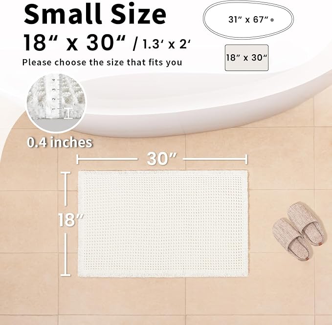 White Bathroom Rugs, Waffle Bath Mat Non Slip Washable, 18" x 30" | Super Absorbent Quick Dry Bath Mat, Small Boho Bathroom Mats, Soft Waffle Weave Farmhouse Bathroom Decor for Shower or Tub