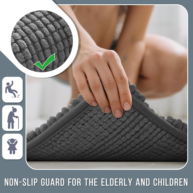 Yimobra Bathroom Rug Mat 44 x 24, Non Slip and Super Absorbent Bath Mat,Machine Washable Quick Dry,Ultra Plush Chenille Shower Rugs for Bathroom Floor Sink Tub and Shower Outside,Dark Gray