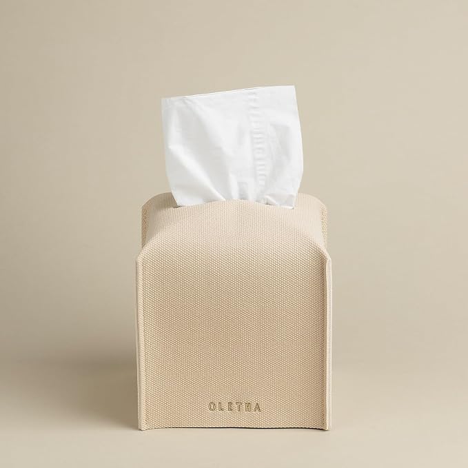OLETHA Square Tissue Box Cover, Aesthetic Desk Decor, Canvas Grain, Greige | Faux leather tissue box holder; fits Kleenex & Puffs cube boxes; velcro base; wipes clean; aesthetic modern farmhouse decor