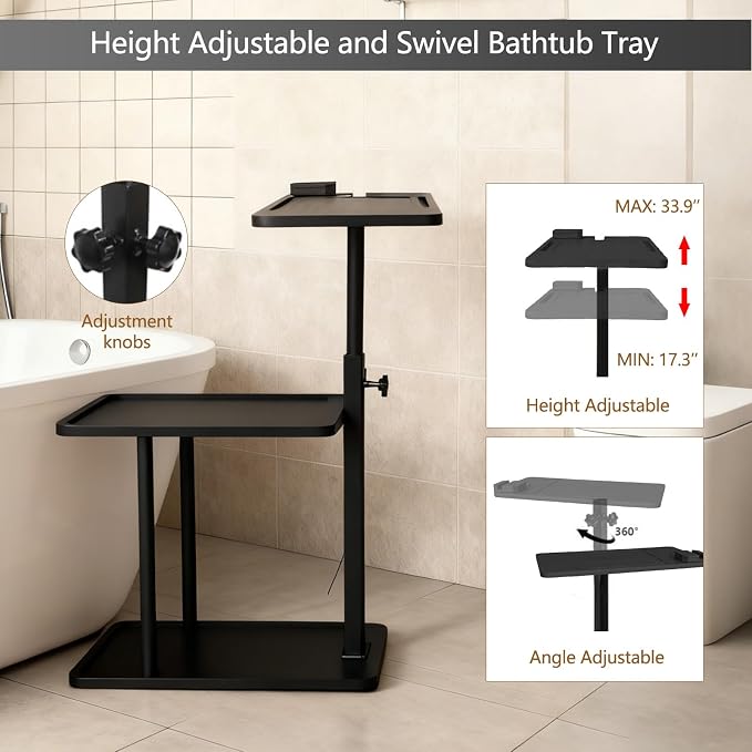 3 Layer Bathtub Tray Table,Bamboo Swivel Bathtub Side Table Height Adjustable,Freestanding Bathtub Tray for Tub Against Wall,Bathtub Accessories&Bathroom Organizer for Luxury Home Spa (Black1)