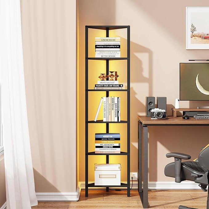 TUTOTAK Corner Shelf with LED Light, 6-Tier Corner Bookshelf | for Small Space, Narrow Display Corner Shelf Stand with Storage Rack, for Living Room, Bedroom, Black BS05BK006L