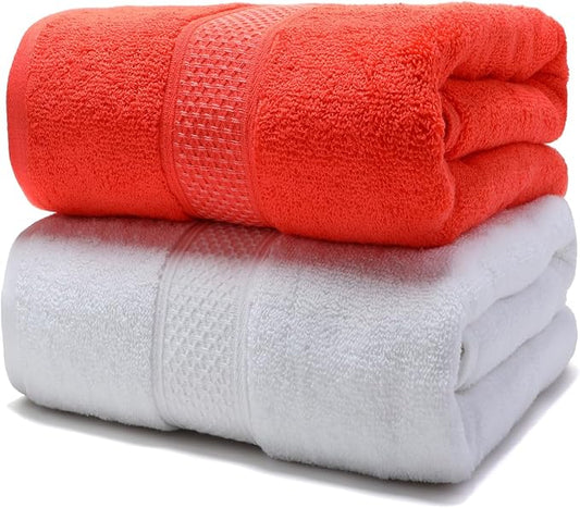 Cotton Bath Towels Set, 2-Piece Set(27x55 Inches) Super Absorbent Quick Drying, Soft,Suitable for Bathroom, spas, Gyms,Gift(White,Watermelon Red)