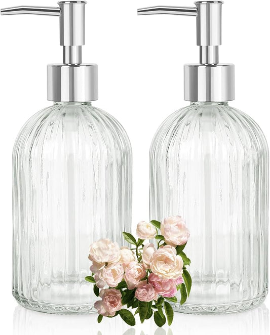 Glass Soap Dispenser with Plastic Pump, Hand Soap Dispenser for Hand Wash, Lotion Dispenser for Dishwashing Liquid, Lotion Shower Gel (Striped Transparent)