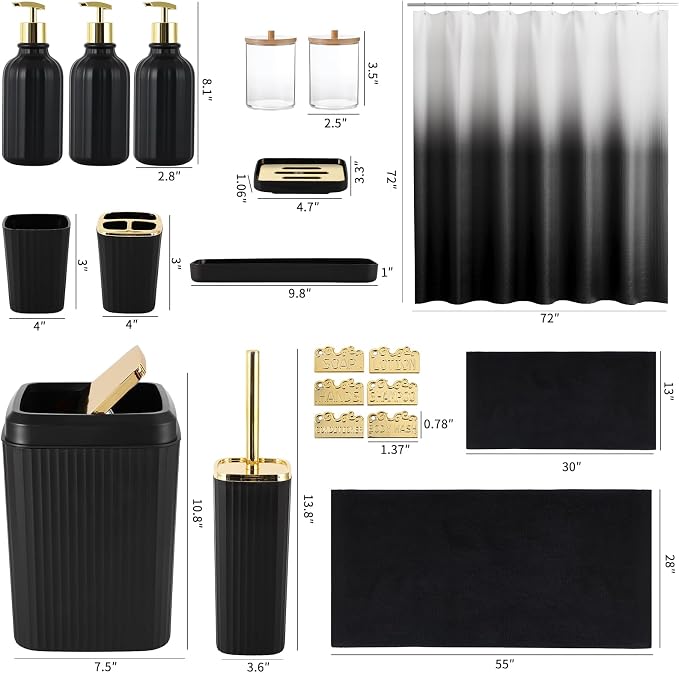 32PCS Black Bathroom Accessories Bathroom Set,Black Shower Curtain, Bath Towel Set,Hand Towel,Toilet Brush,Trash Can & 3PCS Soap Dispensera