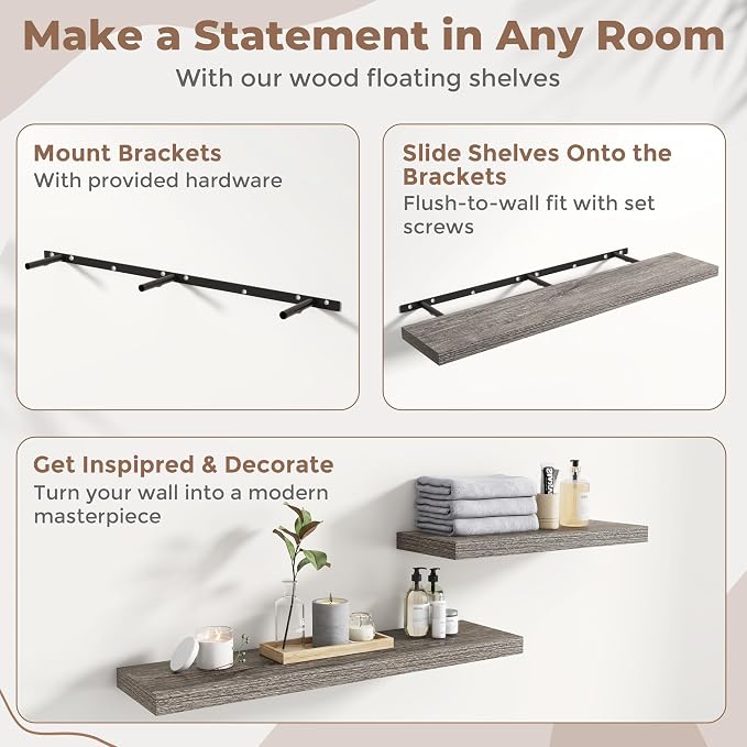 48 Inch Floating Shelves for Wall 2 Pack, 8"D Wood Grain Bathroom Shelves | Invisible Brackets, Grey Oak Finish, Easy Install | Engineered Wood Storage Shelves for Kitchen, Study, Bedroom