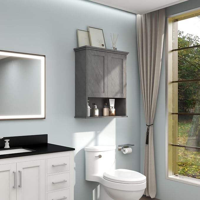 VANIRROR Bathroom Wall Cabinet Over Toilet Storage Cabinets 25x30 inchs | Above Toilet Wood Medicine Cabinets for Kitchen Wall Mounted Cabinet with 2 Door & Adjustable Shelf Texture Grey