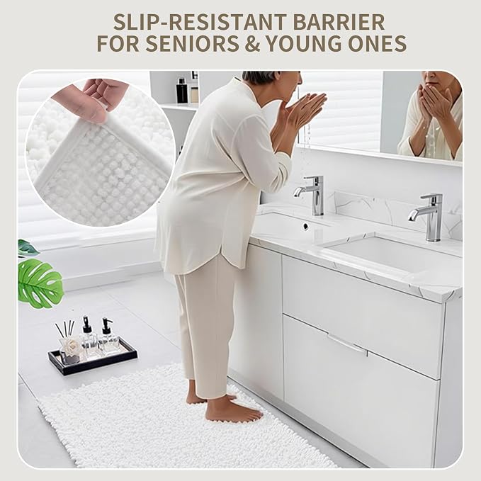 Bathroom Rugs Non Slip Washable 44x24, Extra Thick Soft Chenille Absorbent Bath Mat, High Density Barrier Non Slip Backing, Quick Dry Plush Shaggy Floor Carpet for Tub&Shower, White