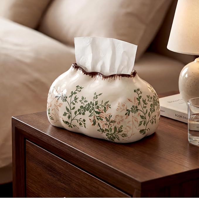 Yalikop Vintage Ceramic Tissue Holder Tissue Box Cover,Blossoms | Floral Retro Rustic Farmhouse Home Decor for Bathroom Vanity Table Living Room Bedroom Kitchen Office
