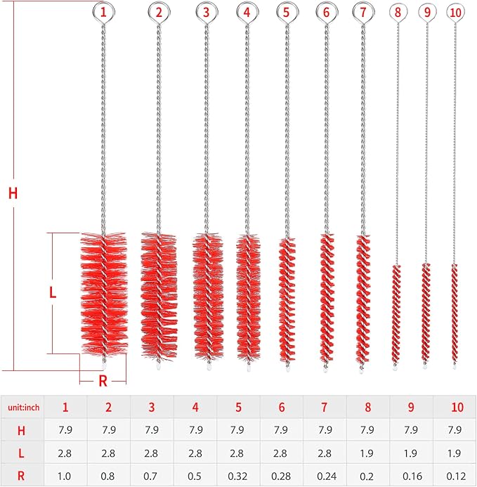 CiaraQ Bottle Cleaning Brushes, 8 Inch Nylon Tube Brush Set | Red Cleaner for Narrow Neck Bottles Cups with Hook, Set of 10pcs.